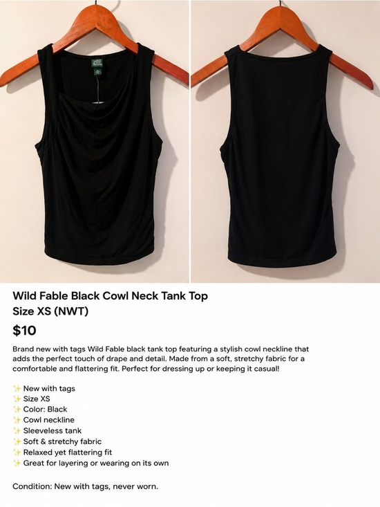 wild fable Tops - Wild Fable Black Cowl Neck Tank Top – Size XS (NWT)